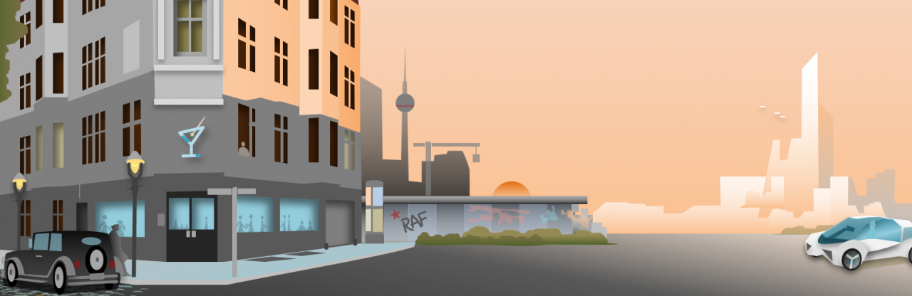 Berlin im Wandel der Zeit. Illustration einer Straße mit einer Cocktailbar im Eckgebäude.